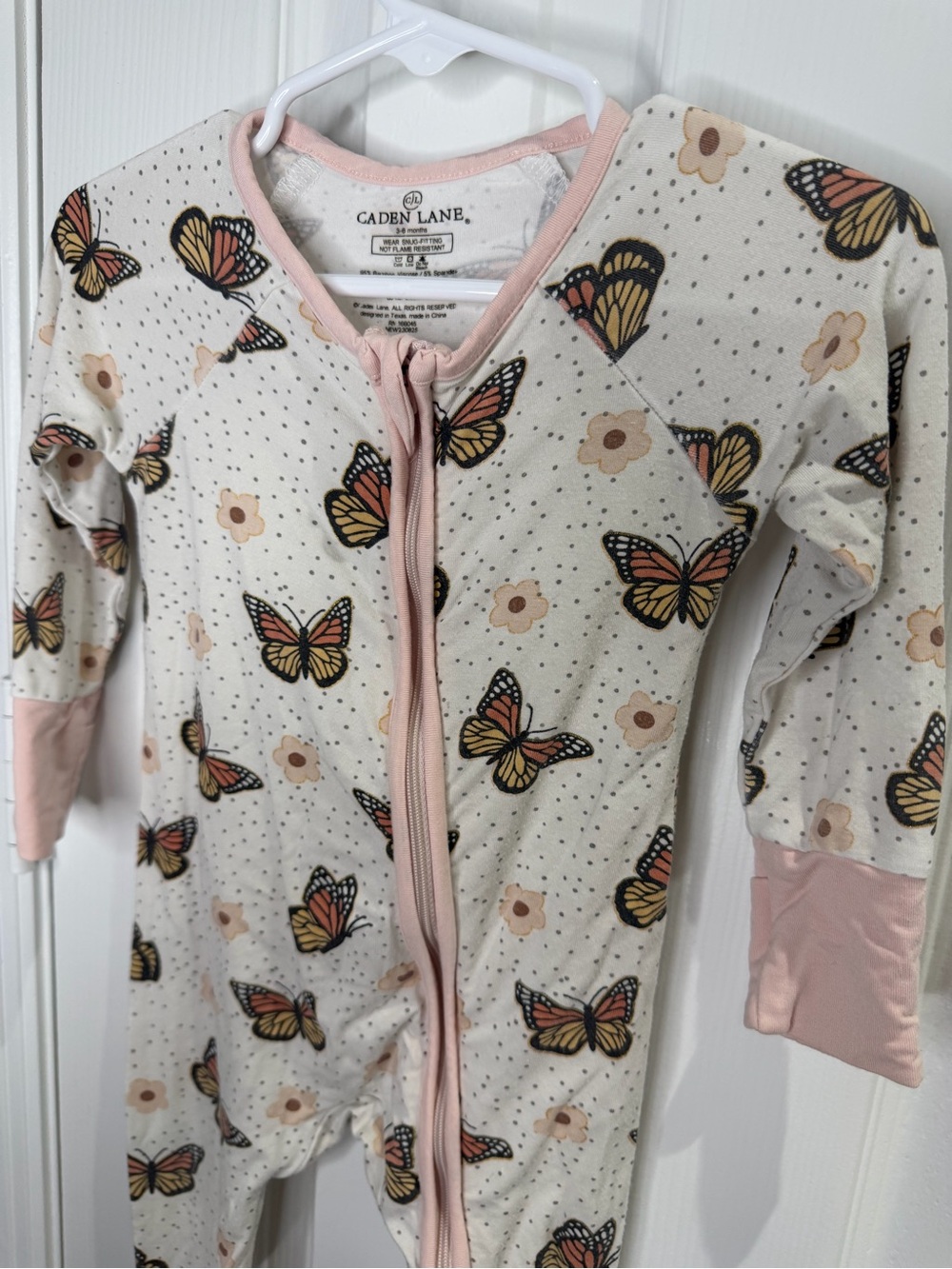 Caden Lane Bamboo White Butterfly Zip Footie with Pink Trim 3-6 months - Picture 6 of 6